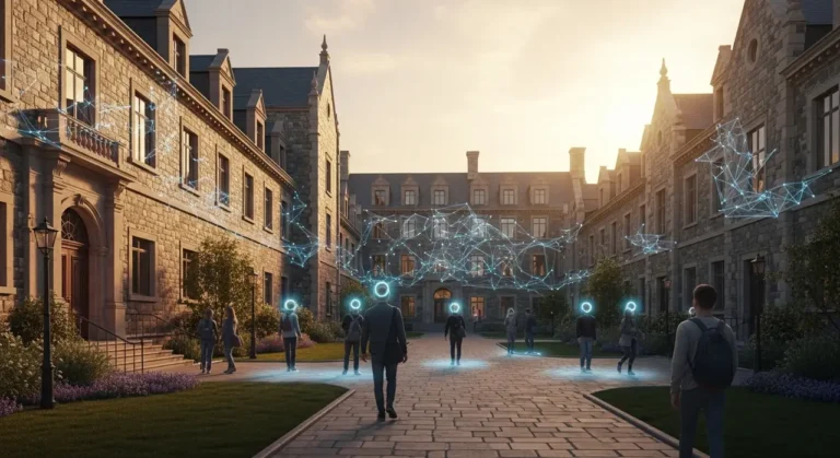 Estudiantes universitarios caminando por campus histórico con overlays de red neuronal y tecnología IA proyectada sobre el ambiente educativo