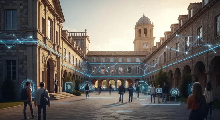 Sala de aprendizaje futurista con pods individuales y burbujas holográficas de inteligencia artificial por estudiante