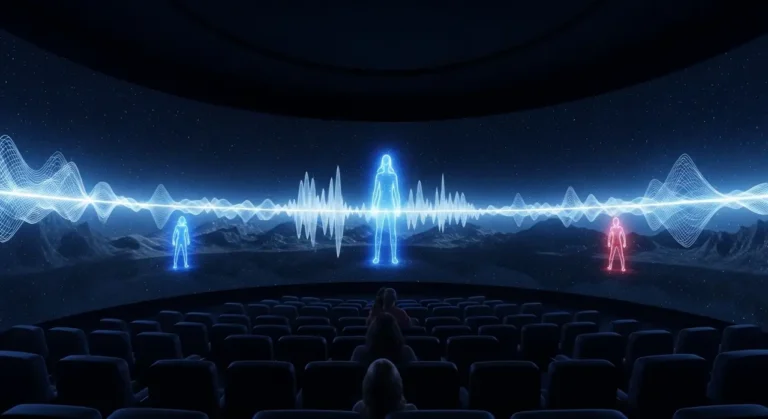 Espectador solitario en teatro esférico viendo experiencia inmersiva holográfica con música y figuras de IA