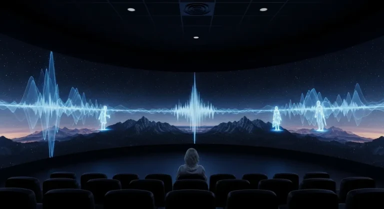 Artista silueteado en escenario oscuro con cascadas de luz azul y efectos visuales generados por inteligencia artificial