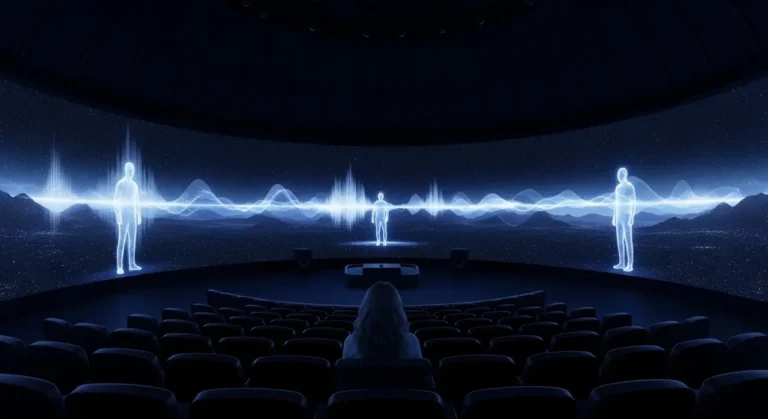 Espectador solitario en teatro esférico viendo experiencia inmersiva holográfica con música y figuras de IA