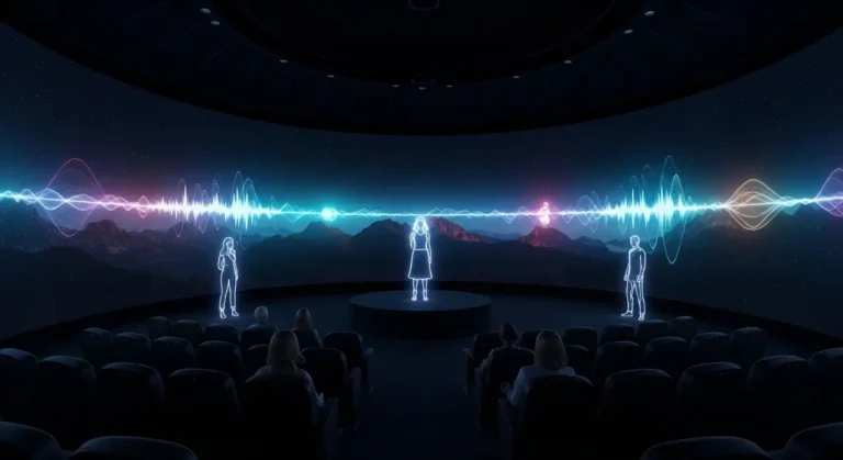 Teatro futurista vacío con espectáculo holográfico de espiral de bailarines de luz azul en el escenario central impulsado por IA