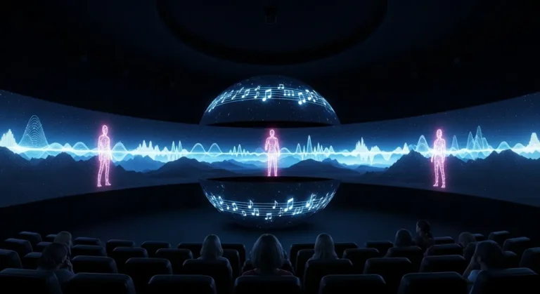Espectador solitario en teatro esférico viendo experiencia inmersiva holográfica con música y figuras de IA
