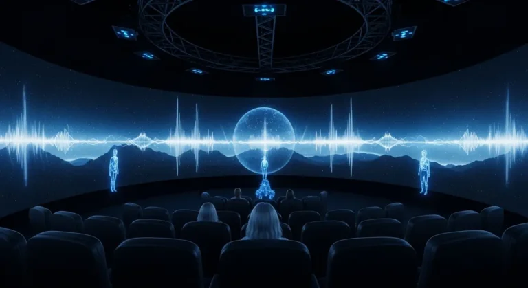 Teatro futurista vacío con espectáculo holográfico de espiral de bailarines de luz azul en el escenario central impulsado por IA