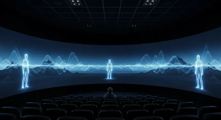 Artista silueteado en escenario oscuro con cascadas de luz azul y efectos visuales generados por inteligencia artificial