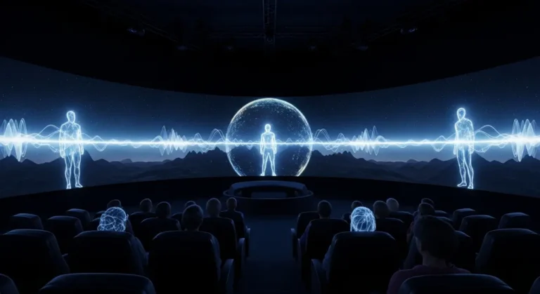 Espectador solitario en teatro esférico viendo experiencia inmersiva holográfica con música y figuras de IA