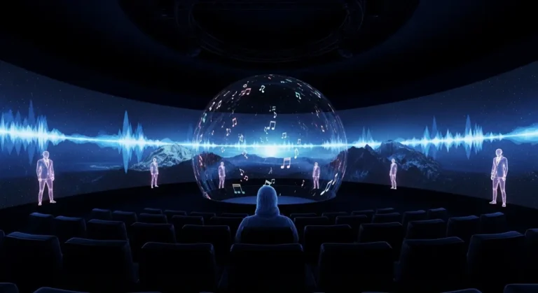 Espectador solitario en teatro esférico viendo experiencia inmersiva holográfica con música y figuras de IA