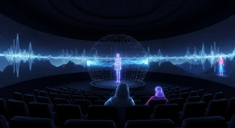 Artista silueteado en escenario oscuro con cascadas de luz azul y efectos visuales generados por inteligencia artificial