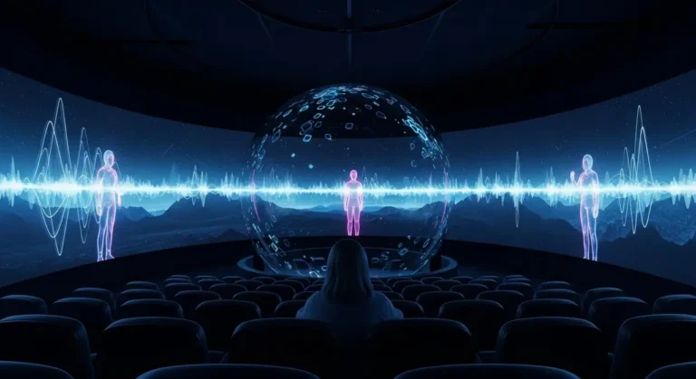 Teatro futurista vacío con espectáculo holográfico de espiral de bailarines de luz azul en el escenario central impulsado por IA