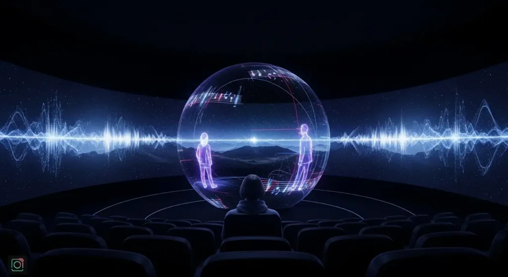 Artista silueteado en escenario oscuro con cascadas de luz azul y efectos visuales generados por inteligencia artificial