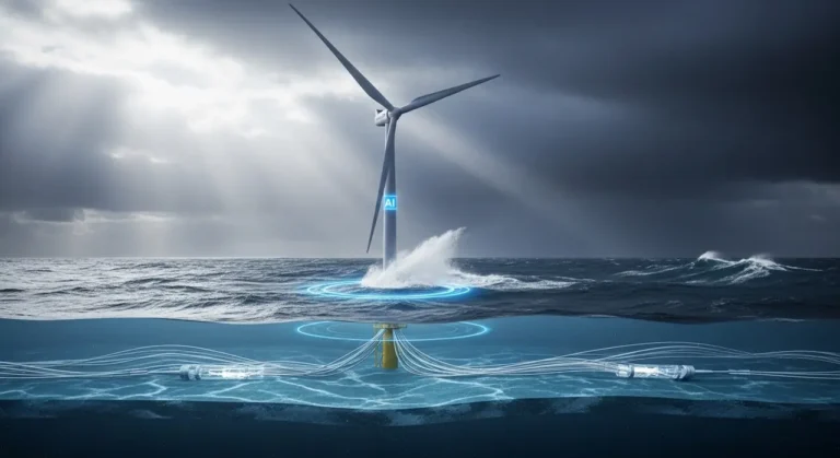 Turbina eólica offshore en aguas oscuras con sistema de monitoreo por IA y visualización submarina de cables de energía