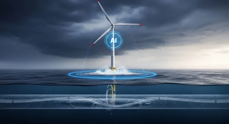 Turbina eólica offshore en aguas oscuras con sistema de monitoreo por IA y visualización submarina de cables de energía