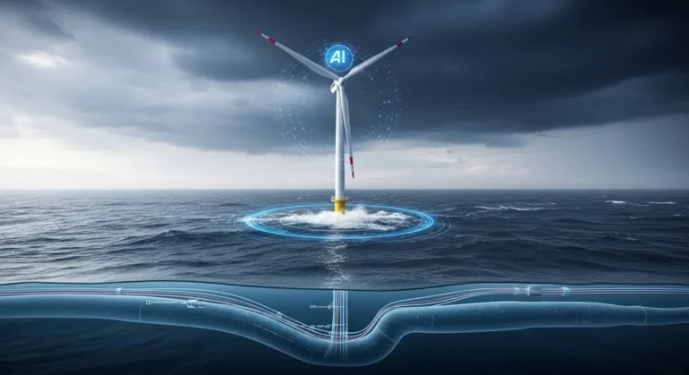 Gran parque solar y eólico con inteligencia artificial optimizando la distribución de energía renovable desde el aire