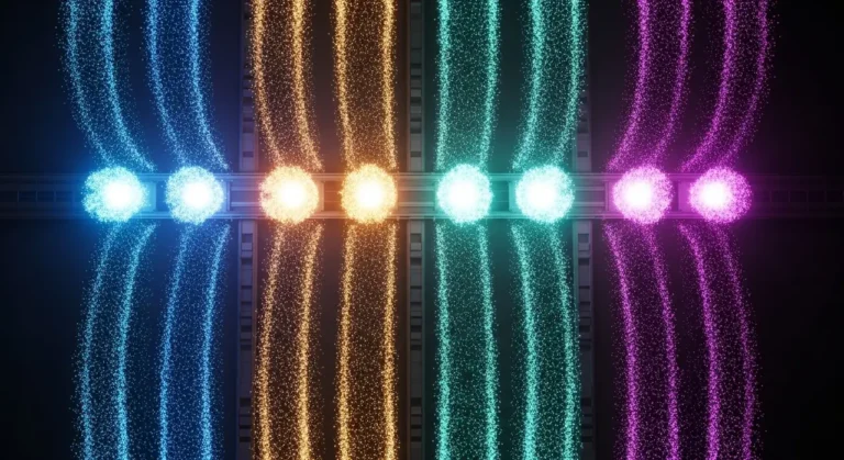 Múltiples streams de luz de colores (azul, naranja, teal, morado) fluyendo en paralelo como representación de procesos automatizados con IA
