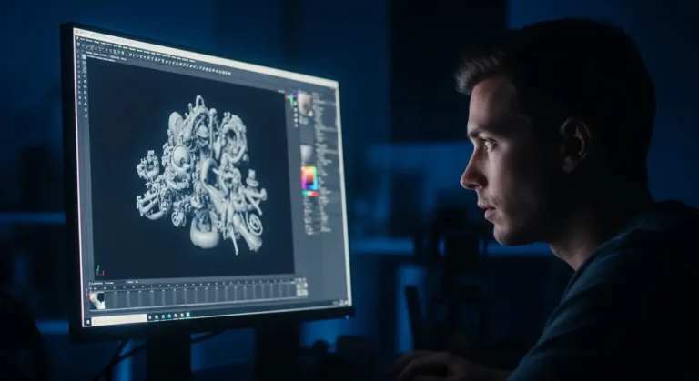 Artista revisando 3D obra monitor inteligencia artificial