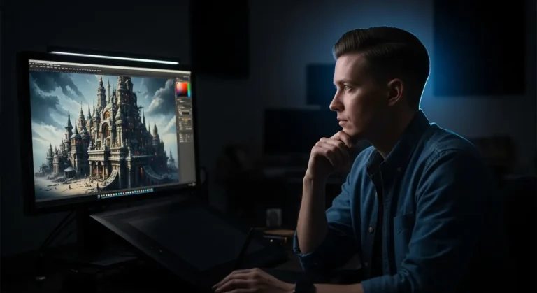 Artista revisando 3D obra monitor inteligencia artificial