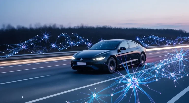 Planta automotriz automatizada con brazos robóticos generando chispas al soldar estructura de vehículo