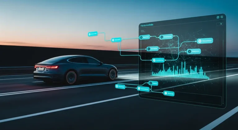 Planta automotriz automatizada con brazos robóticos generando chispas al soldar estructura de vehículo