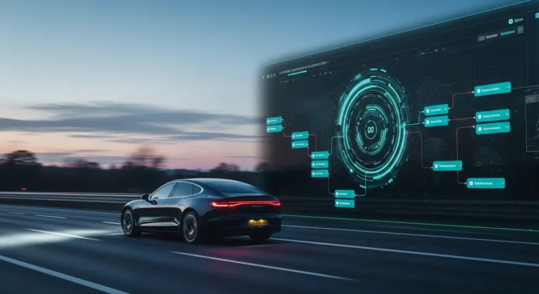 Planta automotriz automatizada con brazos robóticos generando chispas al soldar estructura de vehículo