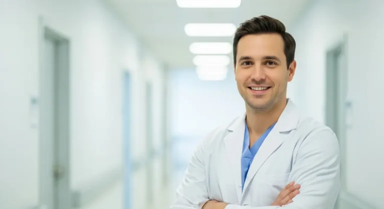 Confident doctor standing clinic salud digital