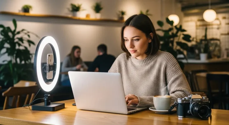 Contenido creator laptop café inteligencia artificial