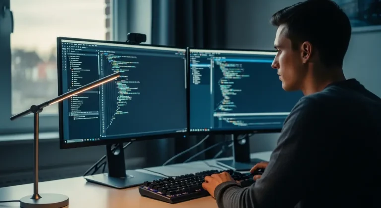Developer desk dual monitors inteligencia artificial