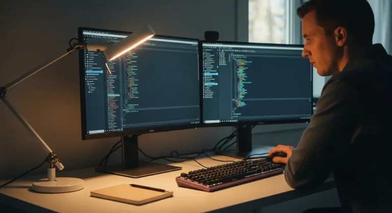 Developer desk dual monitors inteligencia artificial