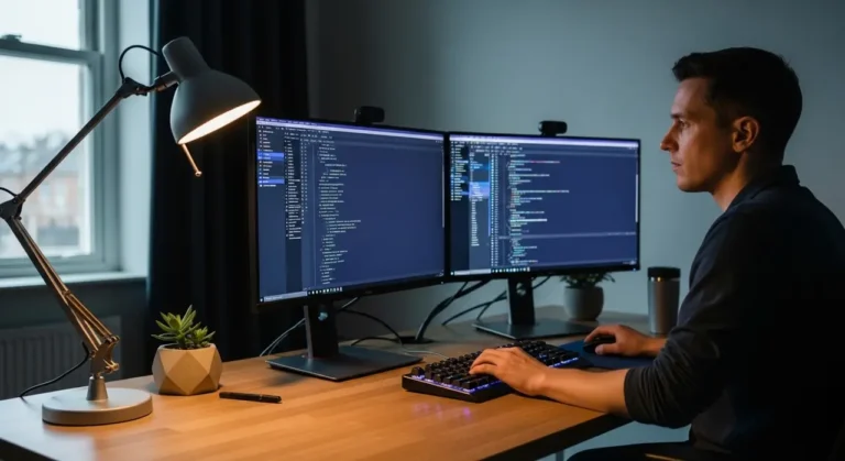 Developer desk dual monitors inteligencia artificial