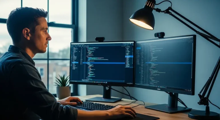 Developer desk dual monitors inteligencia artificial