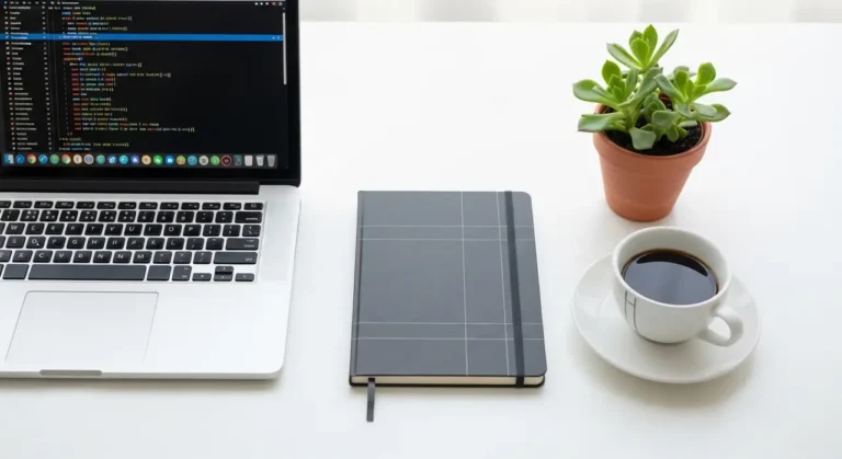 Developer workspace flat lay laptop inteligencia artificial