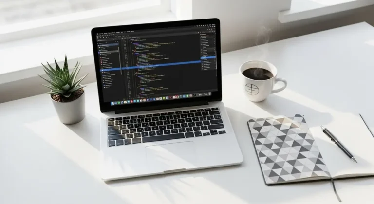 Developer workspace flat lay laptop inteligencia artificial