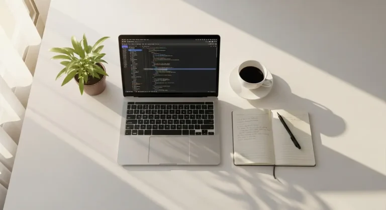 Developer workspace flat lay laptop inteligencia artificial