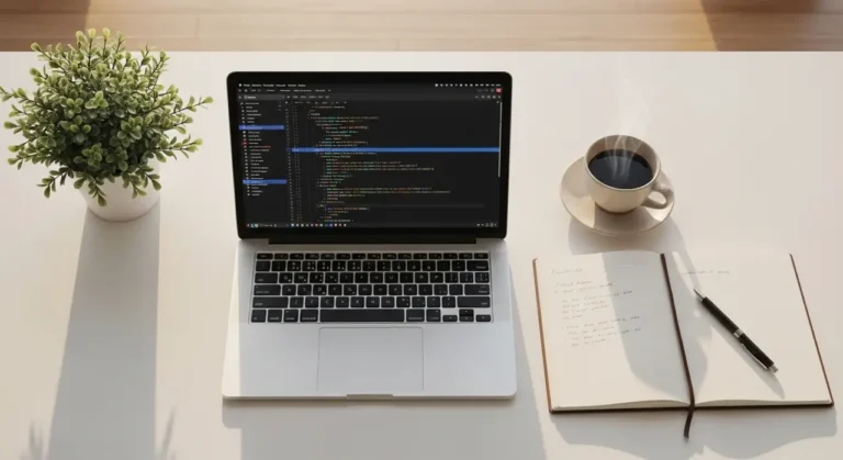 Developer workspace flat lay laptop inteligencia artificial