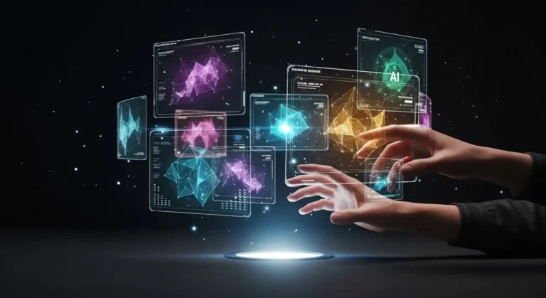 Manos sobre brillante estación de trabajo inteligencia artificial