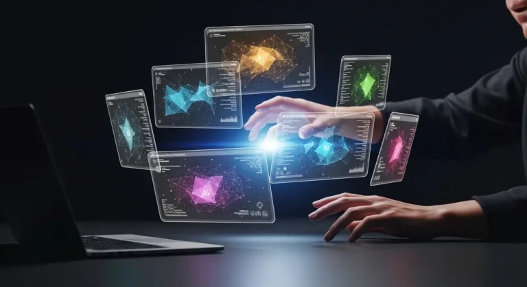 Manos sobre brillante estación de trabajo inteligencia artificial