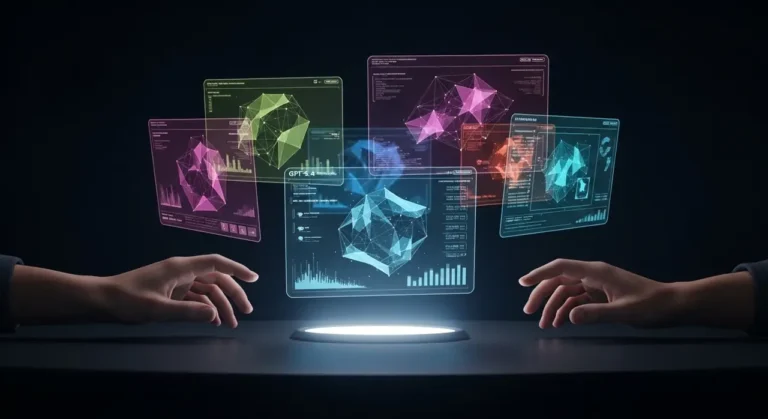Manos sobre brillante estación de trabajo inteligencia artificial