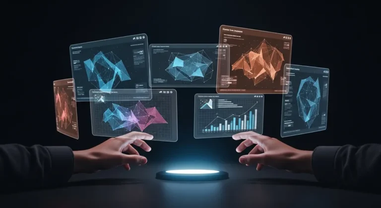 Manos sobre brillante estación de trabajo inteligencia artificial