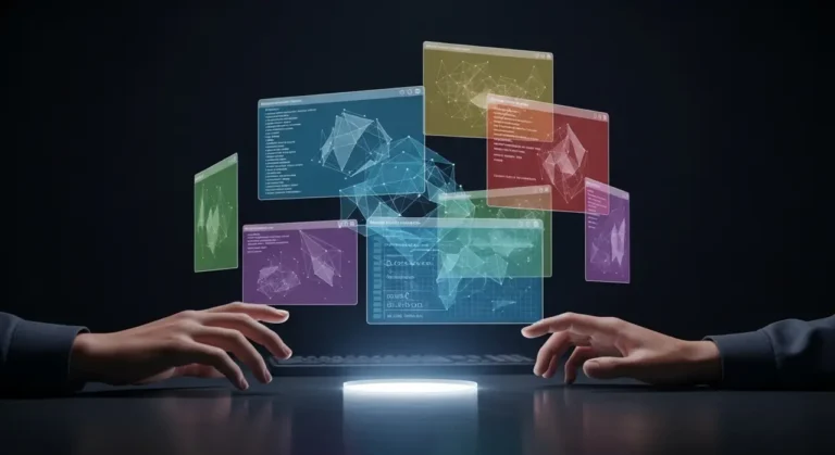 Manos sobre brillante estación de trabajo inteligencia artificial
