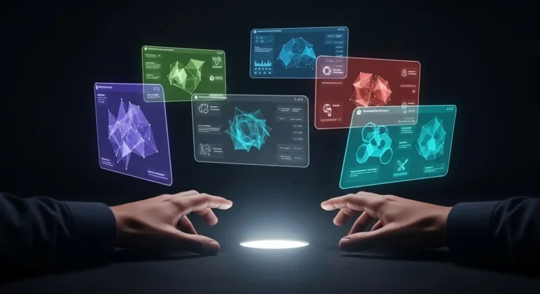Manos sobre brillante estación de trabajo inteligencia artificial