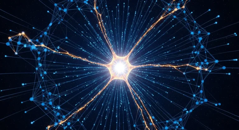 Constelación de inteligencia artificial: red neuronal con conexiones de datos en azul eléctrico sobre fondo cósmico