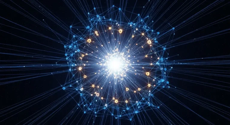 Visualización de red neuronal profunda con nodo central luminoso y múltiples conexiones sinapticas en fondo oscuro espacial