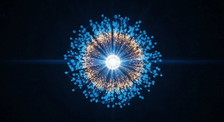 Red neuronal artificial en forma de constelación con neurona central brillante y conexiones azules y naranjas expandiéndose en el espacio