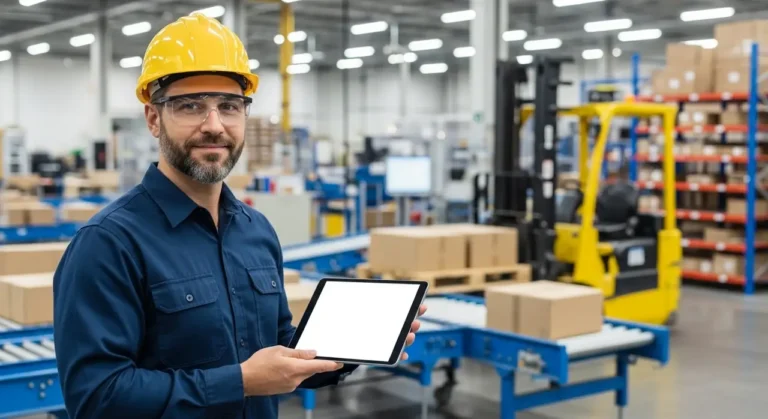 Operaciones manager holding tablet inteligencia artificial