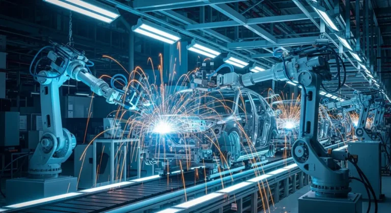 Robótico brazos assemble vehículo body automatización industrial