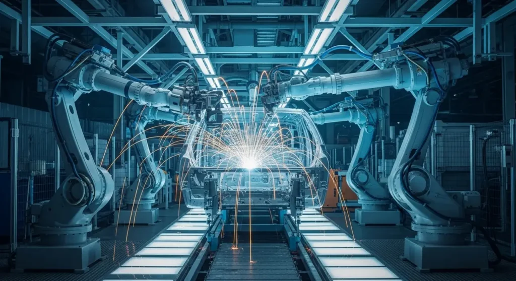 Robótico brazos assemble vehículo body automatización industrial