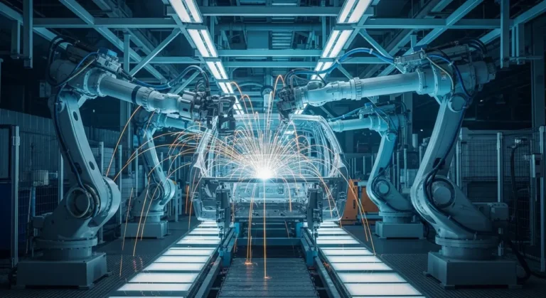 Robótico brazos assemble vehículo body automatización industrial