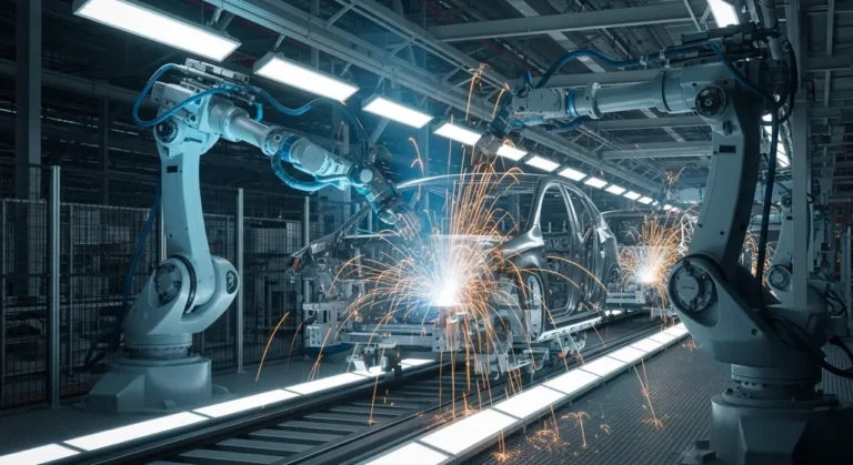 Robótico brazos assemble vehículo body automatización industrial