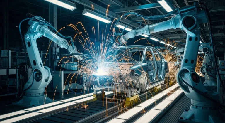 Robótico brazos assemble vehículo body automatización industrial