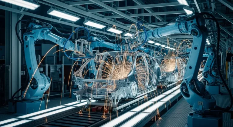 Robótico brazos welding vehículo body automatización industrial