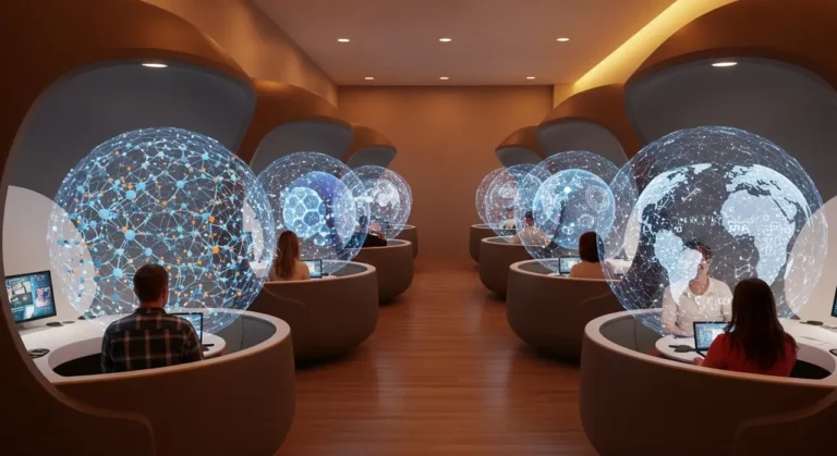 Estudiantes learning holográfico educación con IA